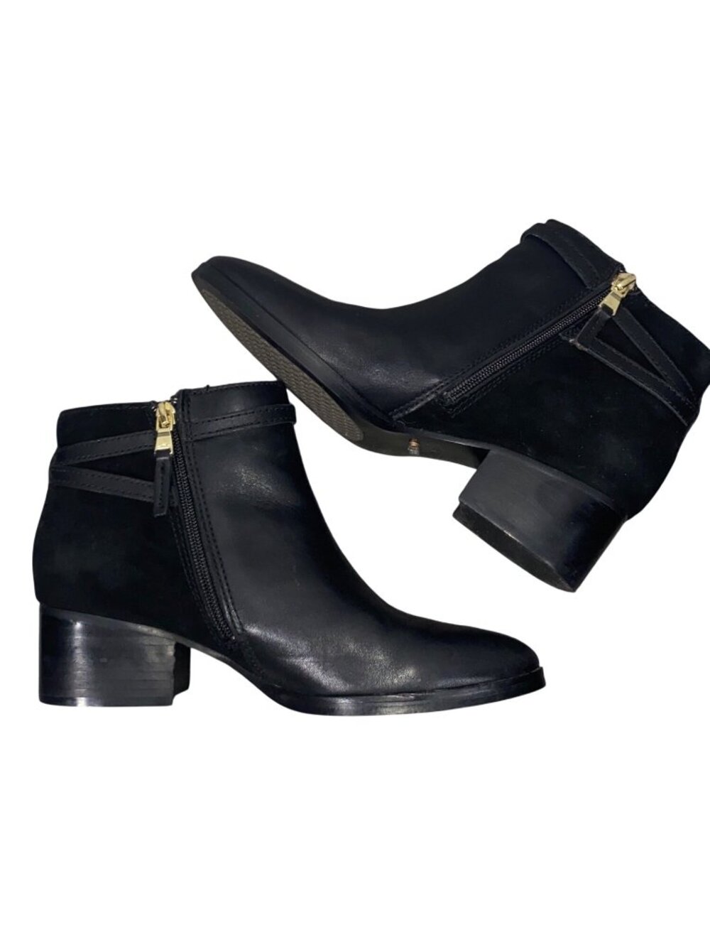 Lauren Ralph Lauren Damara Black Leather suede Ankle Boots 8.5B Gold Zippers